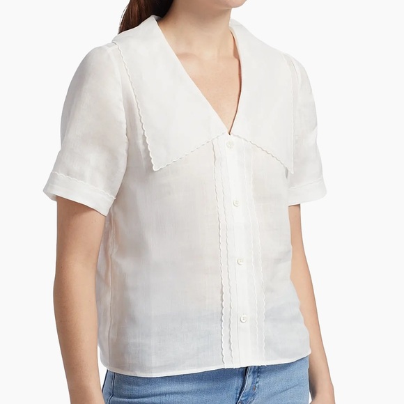 Frame White Ramie Sailor Button Down short sleeve Top